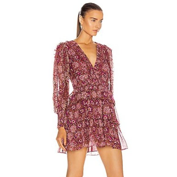 Ulla Johnson Brisa Mini Dress Sz 0 Claret Patchwork Ruffle Metallic V-NeckUlla J - Picture 3 of 14